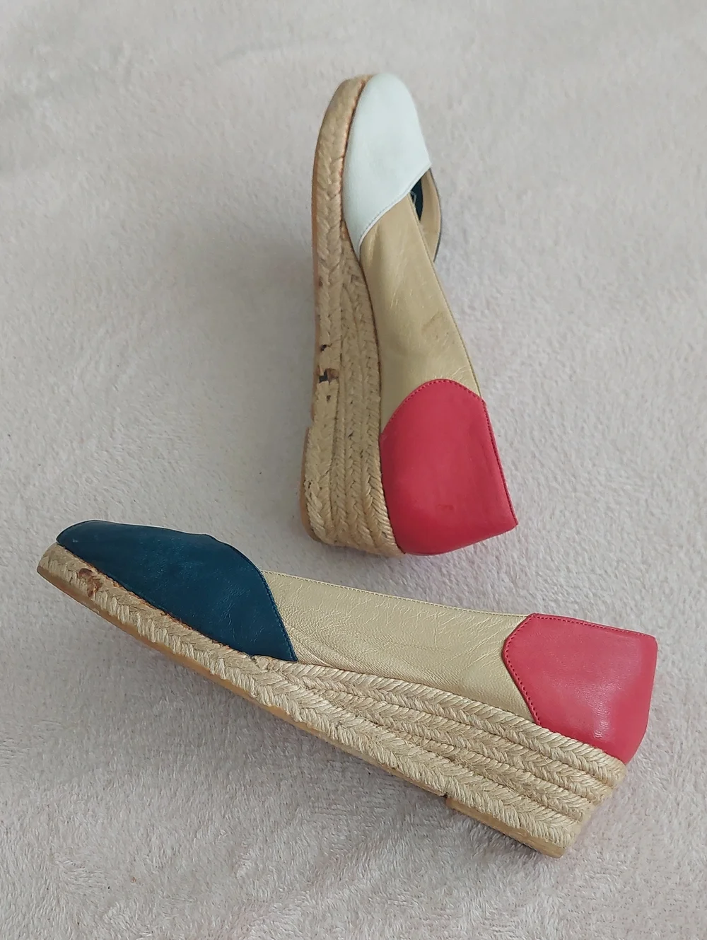 EVAN PICONE SPORT Peep-Toe Espadrille Wedges in Colors Navy, Gold, White & Red
